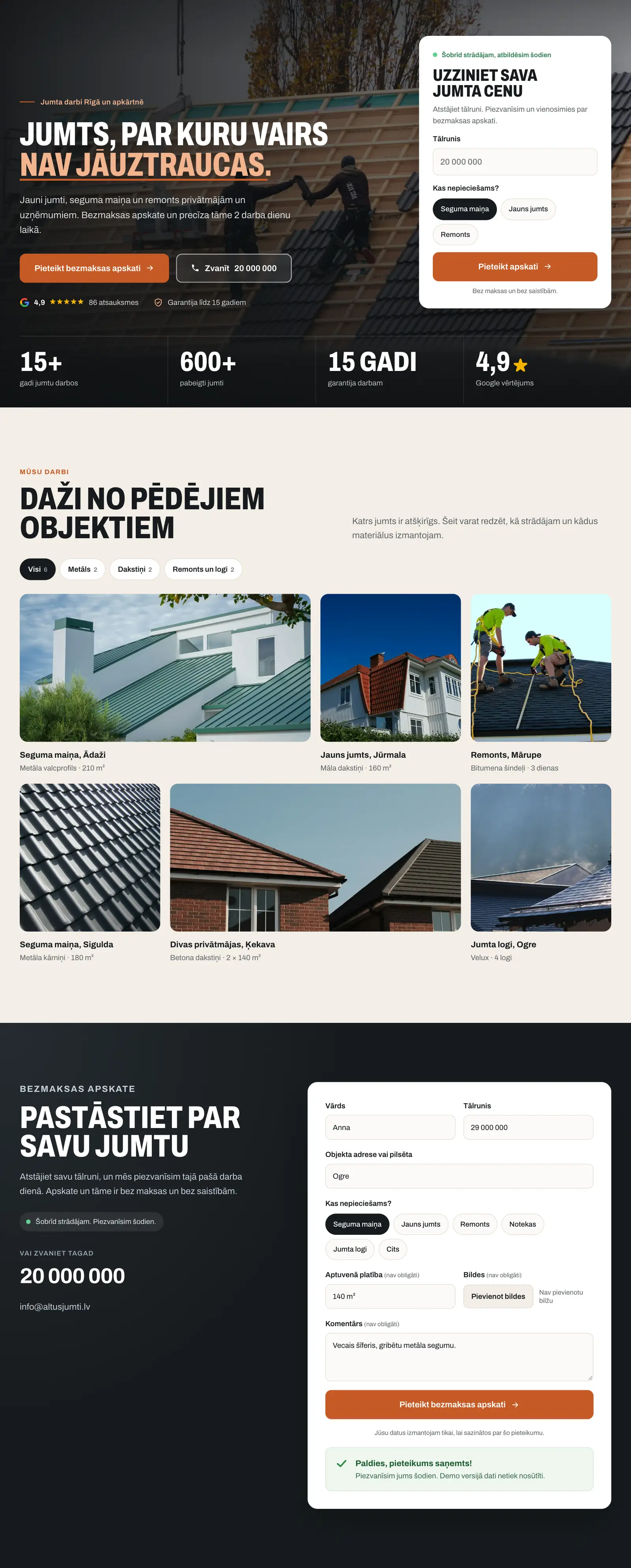Altus Jumti demonstrācijas mājaslapa datorā: sākums ar jumta darbu attēlu, paveikto darbu galerija un aizpildīts apskates pieteikums.