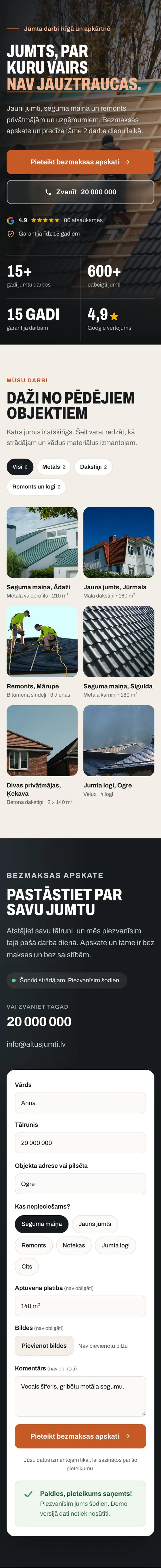 Tā pati mājaslapa telefonā, ar zvana pogu ekrāna apakšā.